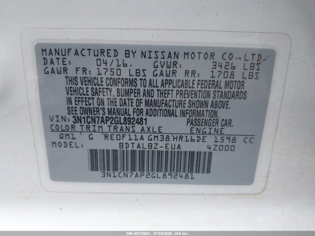 Aukcja sprzedaży 2016 Nissan Versa 1.6 S/1.6 S+/1.6 Sl/1.6 Sv, vin: 3N1CN7AP2GL892481, numer aukcji: 45723621