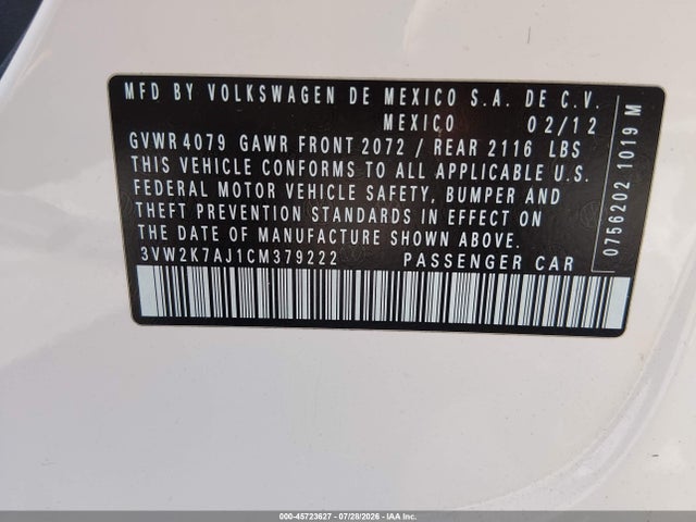 45723627 :رقم المزاد ، 3VW2K7AJ1CM379222 vin ، 2012 Volkswagen Jetta 2.0l S مزاد بيع