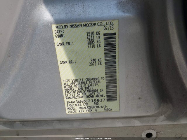 45723635 :رقم المزاد ، 1N4AL3AP8DC219937 vin ، 2013 Nissan Altima 2.5 S مزاد بيع