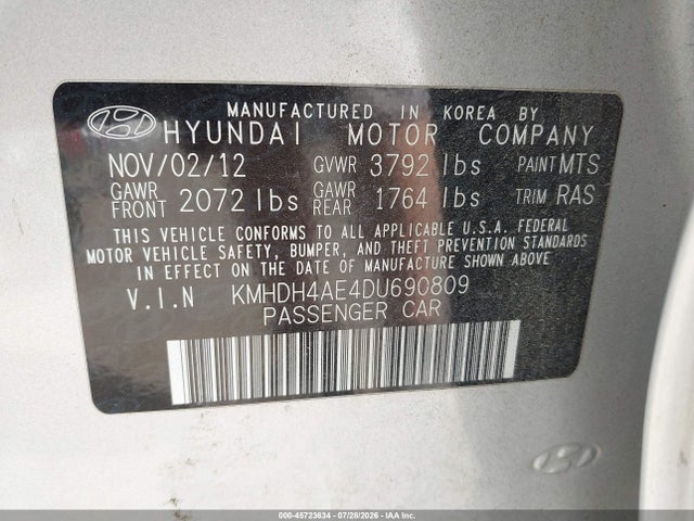 45723634 :رقم المزاد ، KMHDH4AE4DU690809 vin ، 2013 Hyundai Elantra Limited مزاد بيع