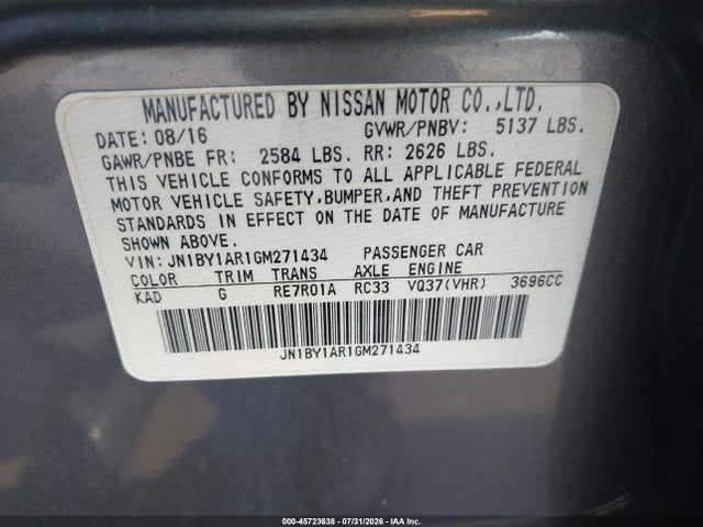 Aukcja sprzedaży 2016 Infiniti Q70 3.7x, vin: JN1BY1AR1GM271434, numer aukcji: 45723638