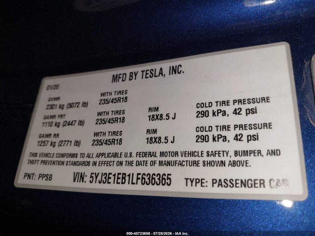 Aukcja sprzedaży 2020 Tesla Model 3 Long Range Dual Motor All-wheel Drive, vin: 5YJ3E1EB1LF636365, numer aukcji: 45723656