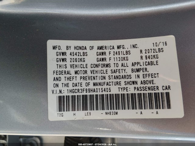 1HGCR3F99HA015405 Honda Accord Touring V6