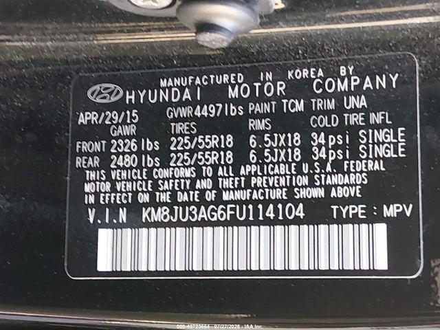 45723664 :رقم المزاد ، KM8JU3AG6FU114104 vin ، 2015 Hyundai Tucson Limited مزاد بيع