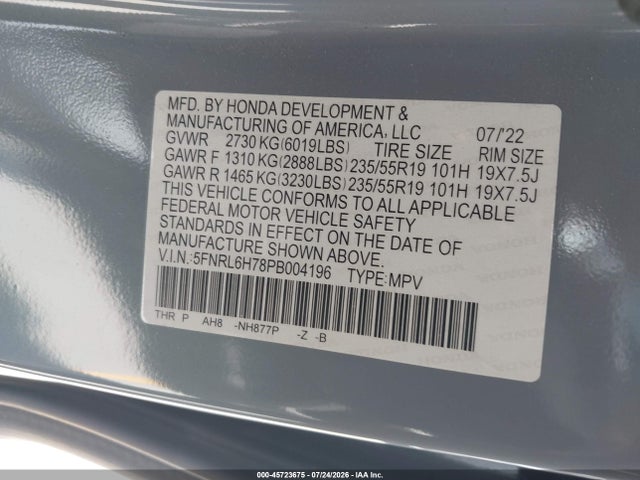 5FNRL6H78PB004196 Honda Odyssey Sport