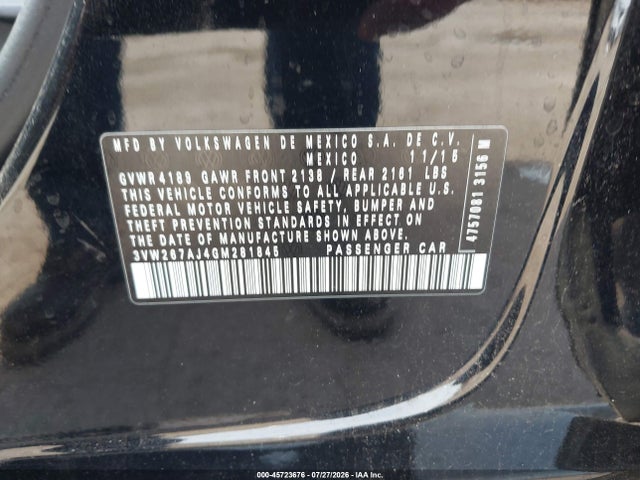 45723676 :رقم المزاد ، 3VW267AJ4GM281845 vin ، 2016 Volkswagen Jetta 1.4t S مزاد بيع