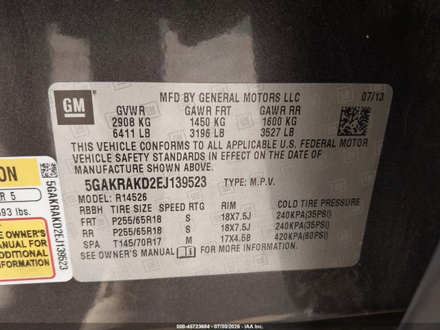 2014 Buick Enclave Convenience მანქანა იყიდება აუქციონზე, vin: 5GAKRAKD2EJ139523, აუქციონის ნომერი: 45723684
