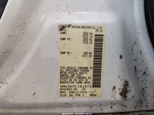 Auction sale of the 2015 Nissan Altima 2.5 Sv, vin: 1N4AL3AP3FC181973, lot number: 45723701
