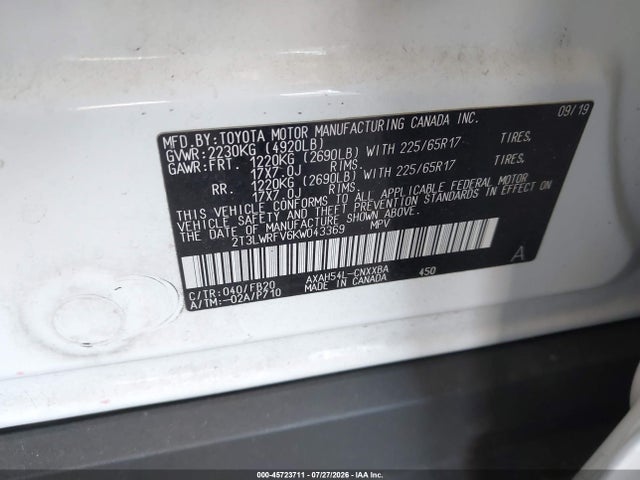 2T3LWRFV6KW043369 Toyota Rav4 Hybrid Le