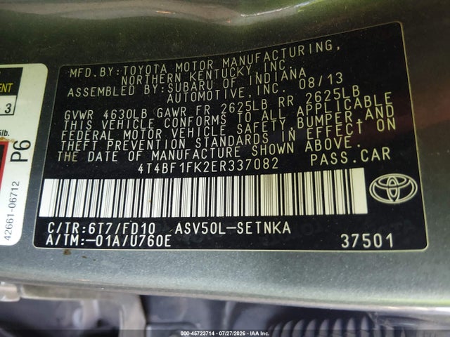 45723714 :رقم المزاد ، 4T4BF1FK2ER337082 vin ، 2014 Toyota Camry Le مزاد بيع