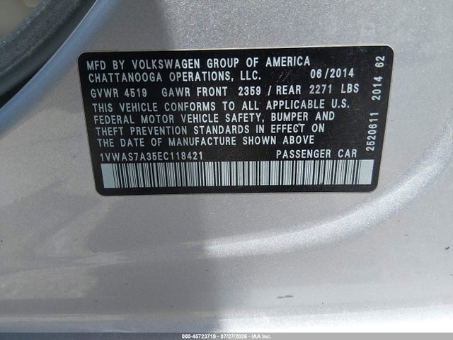 Aukcja sprzedaży 2014 Volkswagen Passat 1.8t S, vin: 1VWAS7A35EC118421, numer aukcji: 45723719