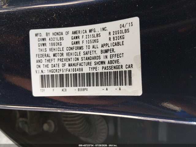 Aukcja sprzedaży 2015 Honda Accord Sport, vin: 1HGCR2F51FA166498, numer aukcji: 45723734