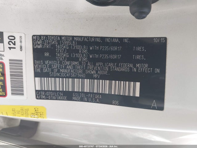 Aukcja sprzedaży 2015 Toyota Sienna Xle 8 Passenger, vin: 5TDYK3DC4FS671440, numer aukcji: 45723767