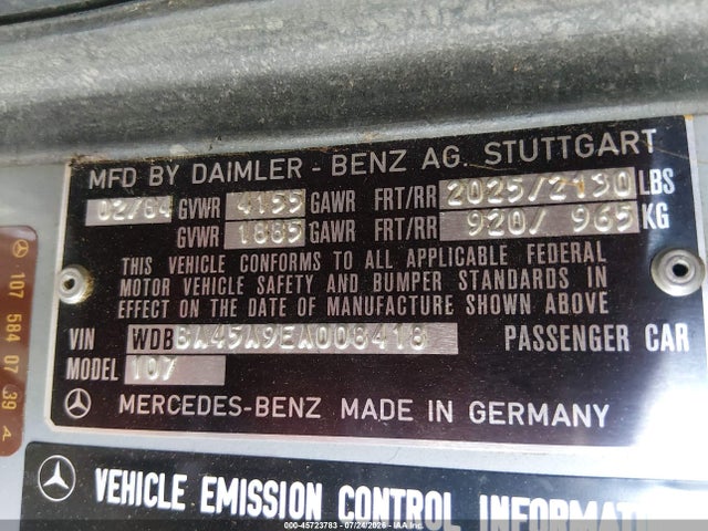 1984 Mercedes-benz 380 Sl მანქანა იყიდება აუქციონზე, vin: WDBBA45A9EA008418, აუქციონის ნომერი: 45723783
