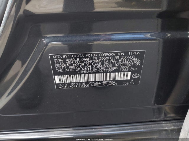 Продаж на аукціоні авто 2007 Lexus Es 350, vin: JTHBJ46G672077387, номер лоту: 45723799