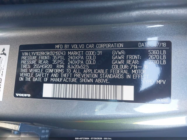 LYV102RK9KB219243 Volvo Xc60 T5 Momentum