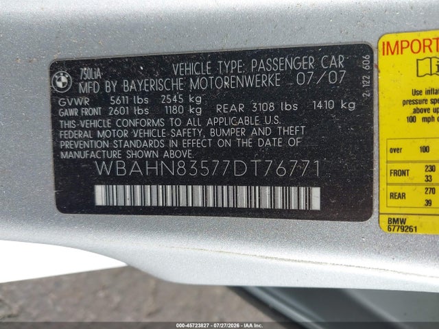 Aukcja sprzedaży 2007 Bmw 750li, vin: WBAHN83577DT76771, numer aukcji: 45723827