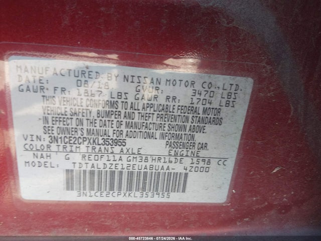 Aukcja sprzedaży 2019 Nissan Versa Note Sv, vin: 3N1CE2CPXKL353955, numer aukcji: 45723846