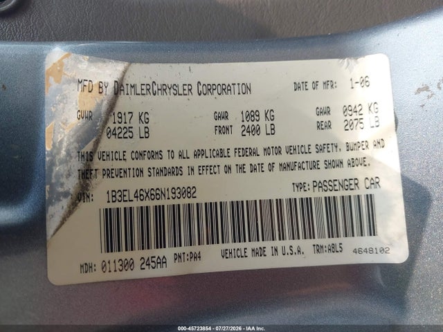 45723854 :رقم المزاد ، 1B3EL46X66N193082 vin ، 2006 Dodge Stratus Sxt مزاد بيع