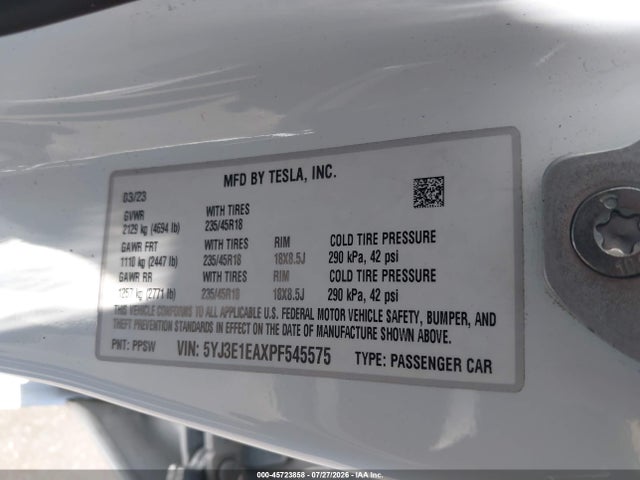 Продаж на аукціоні авто 2023 Tesla Model 3 Rear-wheel Drive, vin: 5YJ3E1EAXPF545575, номер лоту: 45723858