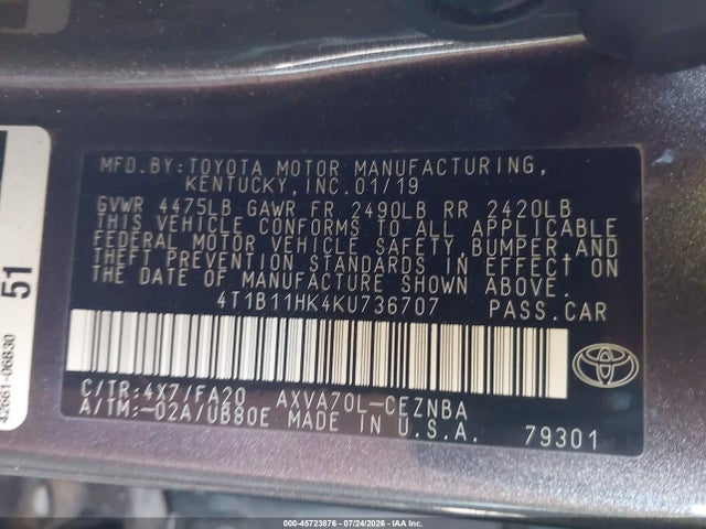 4T1B11HK4KU736707 Toyota CAMRY LE