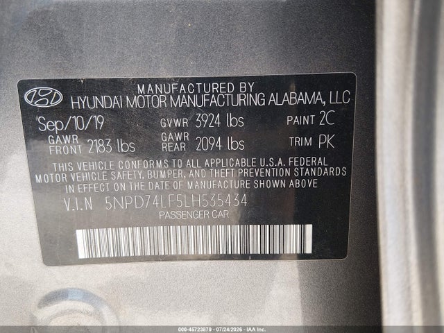 Продаж на аукціоні авто 2020 Hyundai Elantra Se, vin: 5NPD74LF5LH535434, номер лоту: 45723879