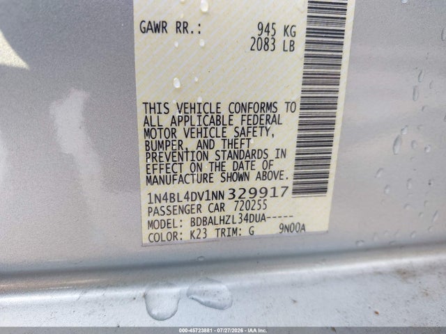 45723881 :رقم المزاد ، 1N4BL4DV1NN329917 vin ، 2022 Nissan Altima Sv Fwd مزاد بيع