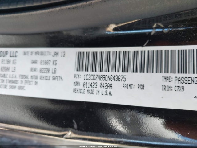 Продажа на аукционе авто 2013 Dodge Avenger Se, vin: 1C3CDZAB9DN643675, номер лота: 45723901