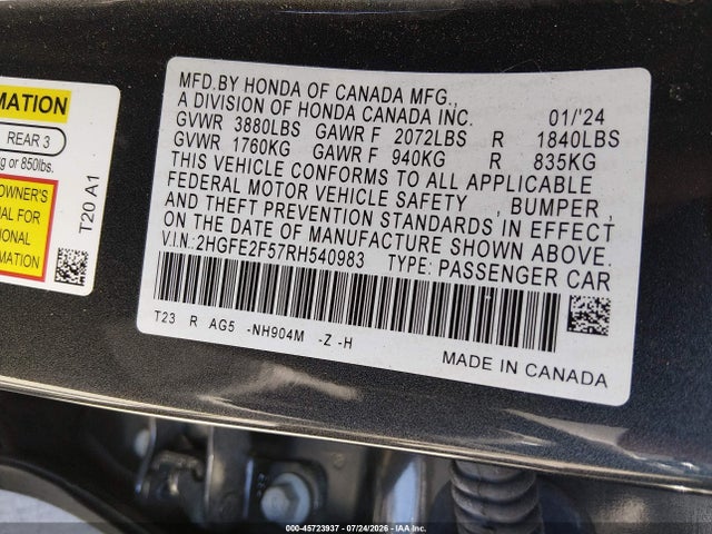 Honda Civic Sport 2024 2HGFE2F57RH540983 Image 9