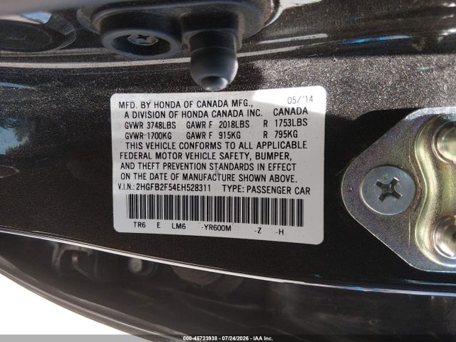 Продаж на аукціоні авто 2014 Honda Civic Lx, vin: 2HGFB2F54EH528311, номер лоту: 45723938