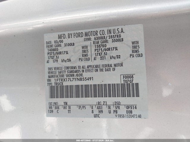 Продаж на аукціоні авто 2000 Ford F-150 Lariat/work Series/xl/xlt, vin: 1FTRX17L7YNB55491, номер лоту: 45723940
