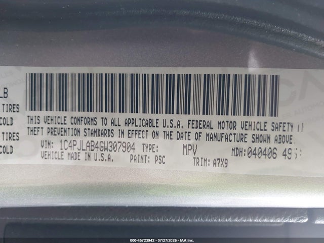 Auction sale of the 2016 Jeep Cherokee Sport, vin: 1C4PJLAB4GW307904, lot number: 45723942