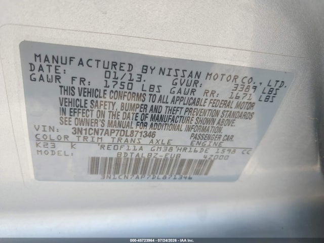 45723964 :رقم المزاد ، 3N1CN7AP7DL871346 vin ، 2013 Nissan Versa 1.6 Sv مزاد بيع