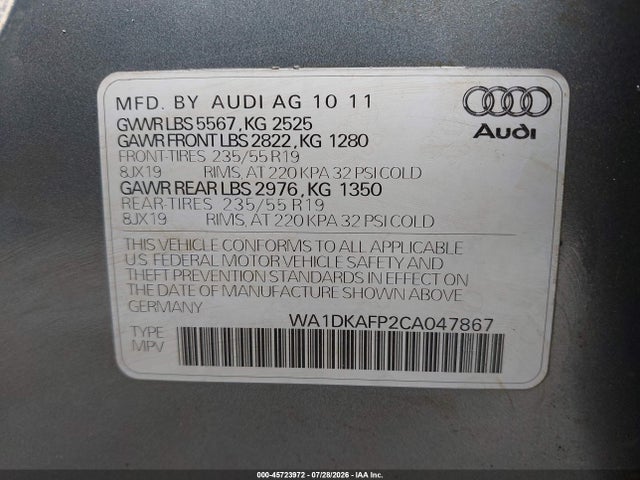 Aukcja sprzedaży 2012 Audi Q5 3.2 Premium Plus, vin: WA1DKAFP2CA047867, numer aukcji: 45723972