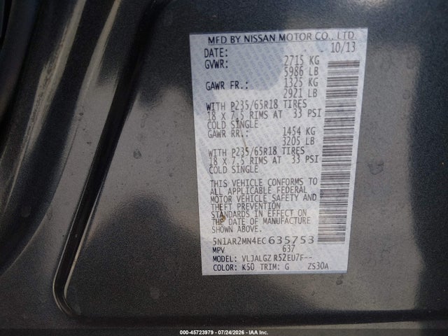 5N1AR2MN4EC635753 Nissan Pathfinder Sl