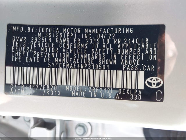 5YFEPMAE4NP319501 Toyota COROLLA LE
