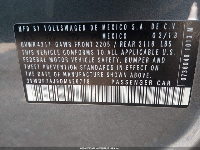 Продаж на аукціоні авто 2013 Volkswagen Jetta 2.5l Se, vin: 3VWDP7AJ9DM426718, номер лоту: 45723988