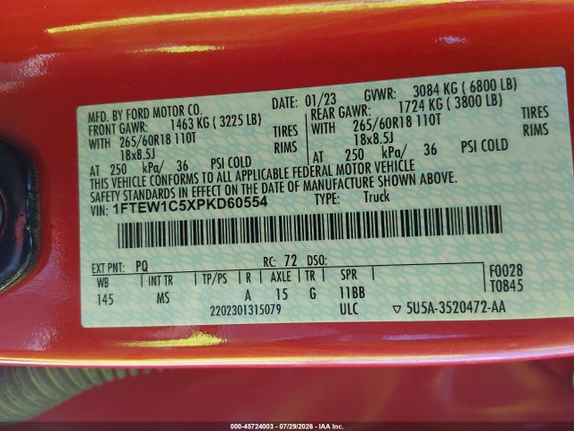 2023 Ford F-150 Xlt მანქანა იყიდება აუქციონზე, vin: 1FTEW1C5XPKD60554, აუქციონის ნომერი: 45724003