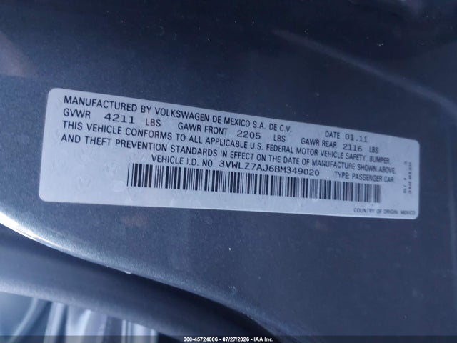 2011 Volkswagen Jetta 2.5l Sel მანქანა იყიდება აუქციონზე, vin: 3VWLZ7AJ6BM349020, აუქციონის ნომერი: 45724006