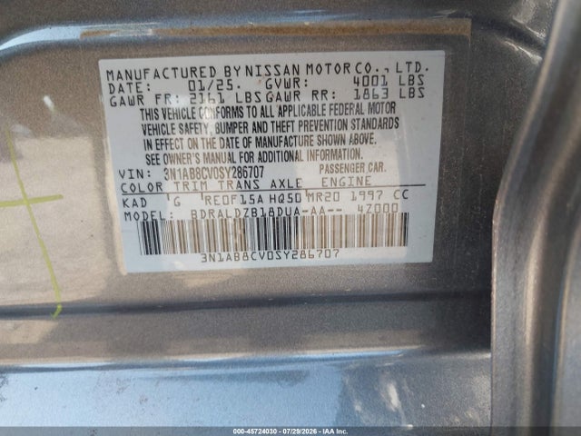 2025 Nissan Sentra Sv მანქანა იყიდება აუქციონზე, vin: 3N1AB8CV0SY286707, აუქციონის ნომერი: 45724030