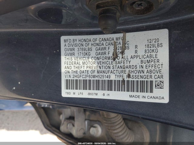45724035 :رقم المزاد ، 2HGFC2F60MH525149 vin ، 2021 Honda Civic Lx مزاد بيع