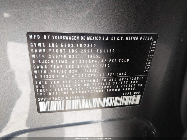 3VV3B7AX3LM147539 Volkswagen Tiguan 2.0t Se/2.0t Se R-line Black/2.0t Sel