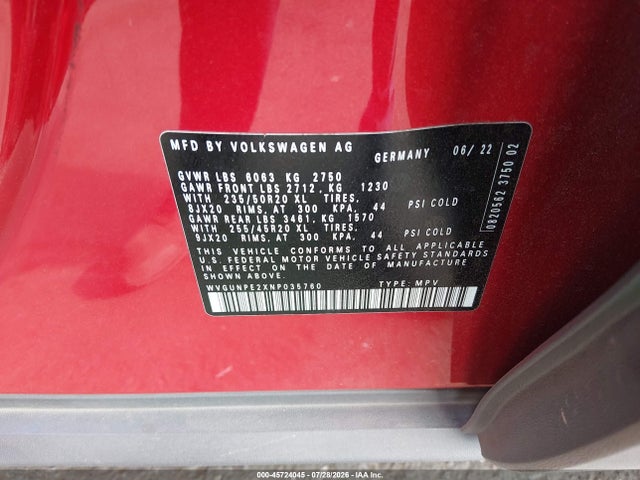 WVGUNPE2XNP035760 Volkswagen Id.4 Awd Pro S