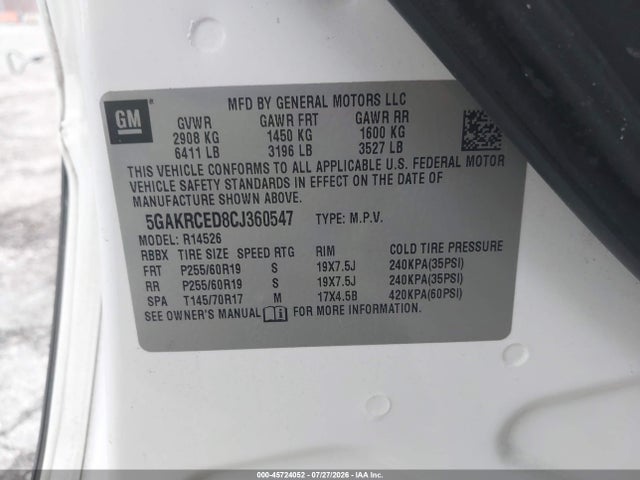 Aukcja sprzedaży 2012 Buick Enclave Leather, vin: 5GAKRCED8CJ360547, numer aukcji: 45724052