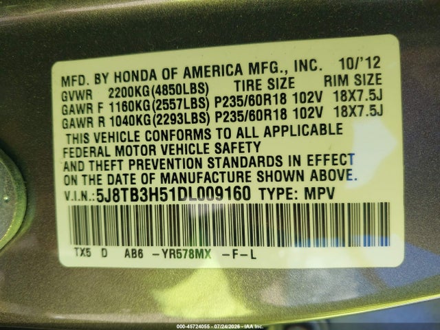 2013 Acura Rdx მანქანა იყიდება აუქციონზე, vin: 5J8TB3H51DL009160, აუქციონის ნომერი: 45724055