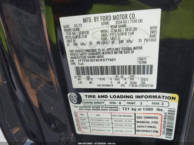 Aukcja sprzedaży 2012 Ford F-150 Xlt, vin: 1FTFW1EF4CKD77421, numer aukcji: 45724063