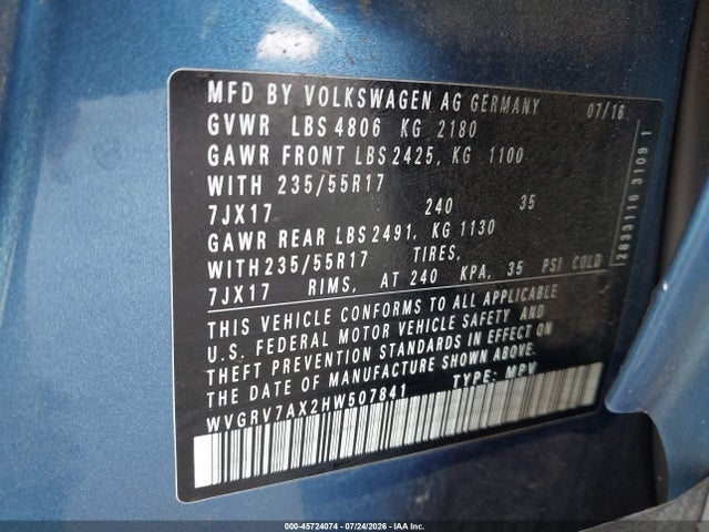 Продажа на аукционе авто 2017 Volkswagen Tiguan 2.0t Wolfsburg Edition, vin: WVGRV7AX2HW507841, номер лота: 45724074