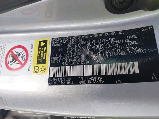 45724077 :رقم المزاد ، 2T2ZK1BA0DC092280 vin ، 2013 Lexus Rx 350 مزاد بيع