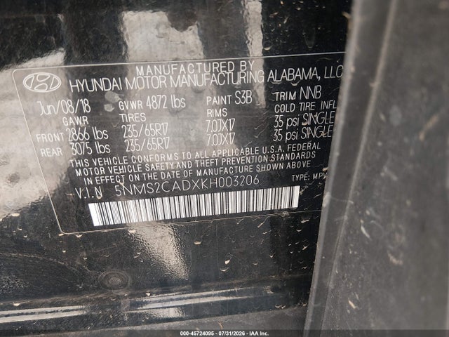 45724095 :رقم المزاد ، 5NMS2CADXKH003206 vin ، 2019 Hyundai Santa Fe Se مزاد بيع