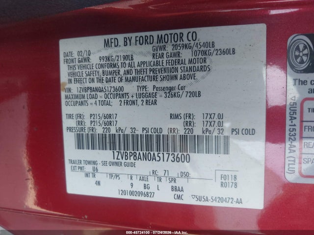 45724100 :رقم المزاد ، 1ZVBP8AN0A5173600 vin ، 2010 Ford Mustang V6 Premium مزاد بيع